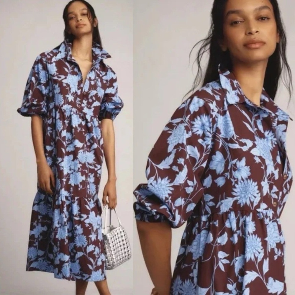 Maeve Brown Maxi Dress with Light Blue Floral Print